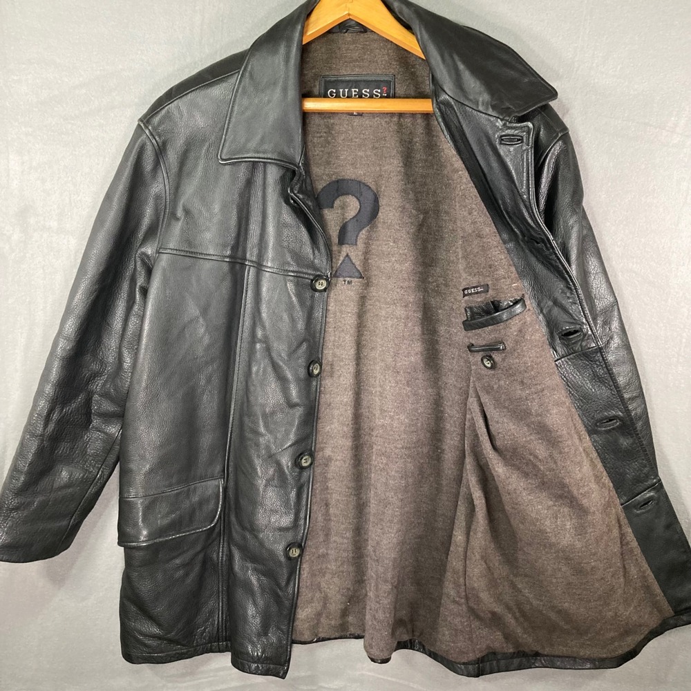 GUESS Genuine Leather Jacket Mens Black Coat Button Up Lined Outerwear‎